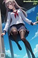 A girl in a school uniform is sitting on a pole.